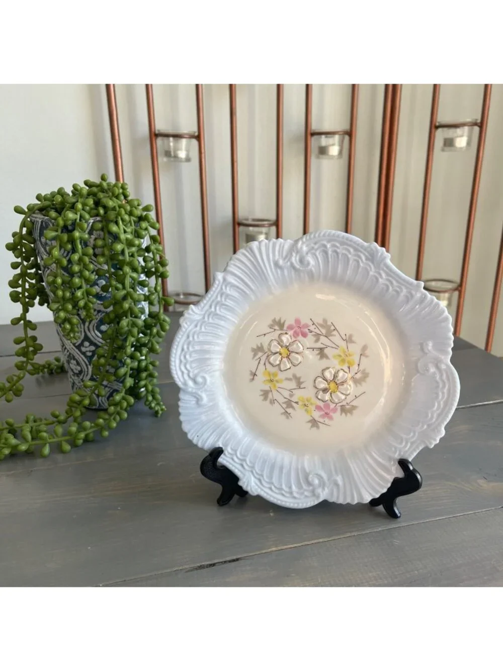 Vintage Decorative Porcelain Plate Blue Floral Center Scalloped Molded Edges